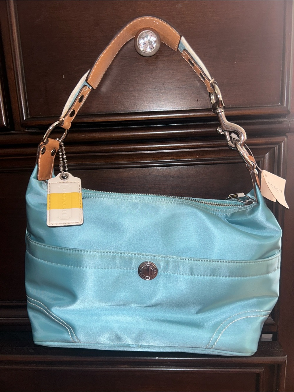 Coach Aqua Nylon Shoulder Bag with Tan Leather Strap